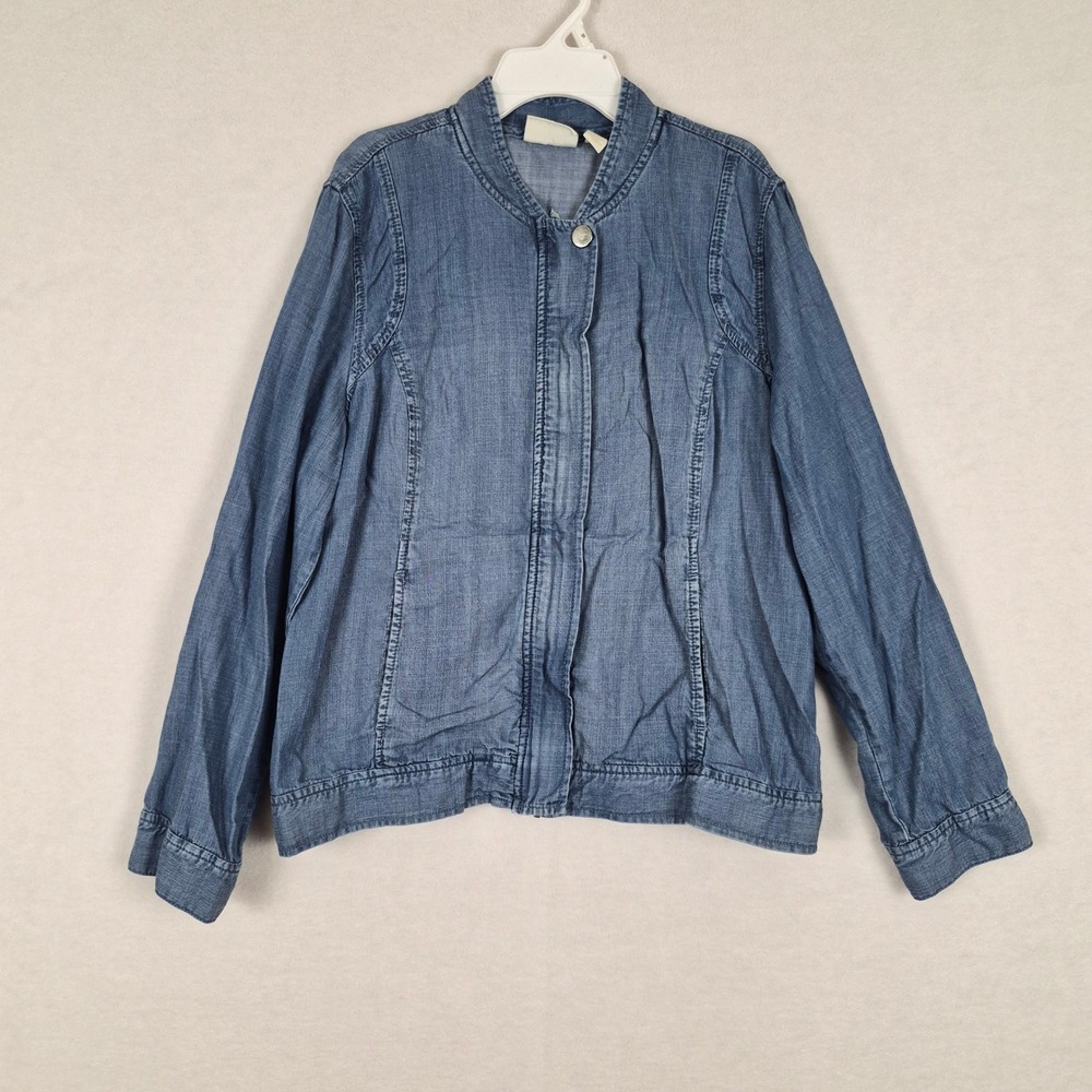 Chicos Embroidered Bird Denim Jacket Blue Cotton Blend Size 2 Large